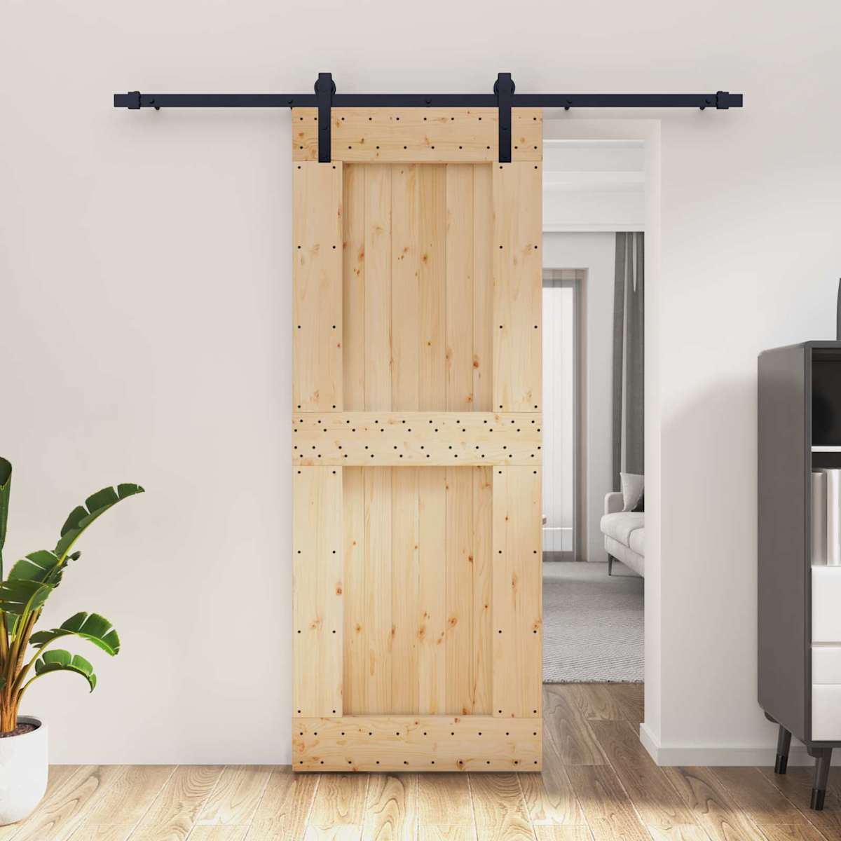 Skydedør Naturfarvet og sort 80 x 210 cm Massivt Fyrretræ