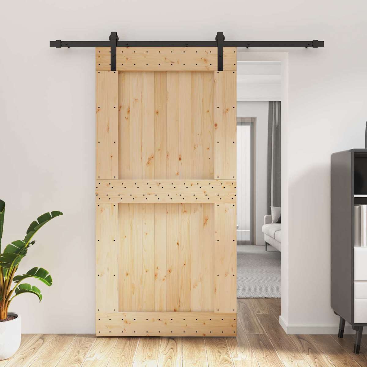 Skydedør Naturfarvet og sort 100 x 210 cm Massivt Fyrretræ