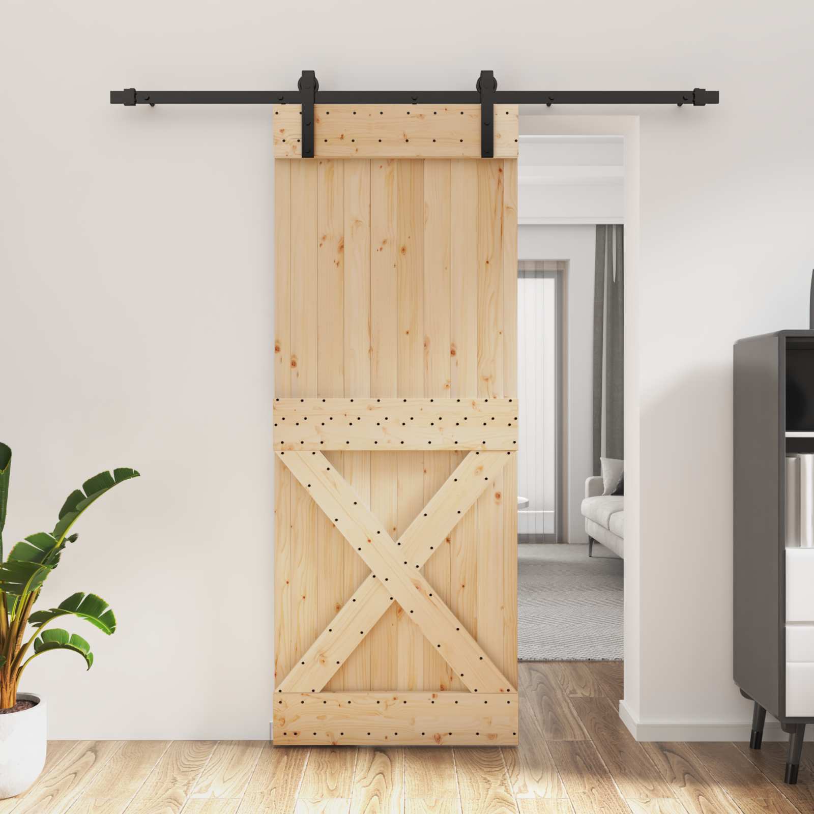 Schuifdeur Naturel en Zwart 80 x 210 cm Massief Grenenhout image 1