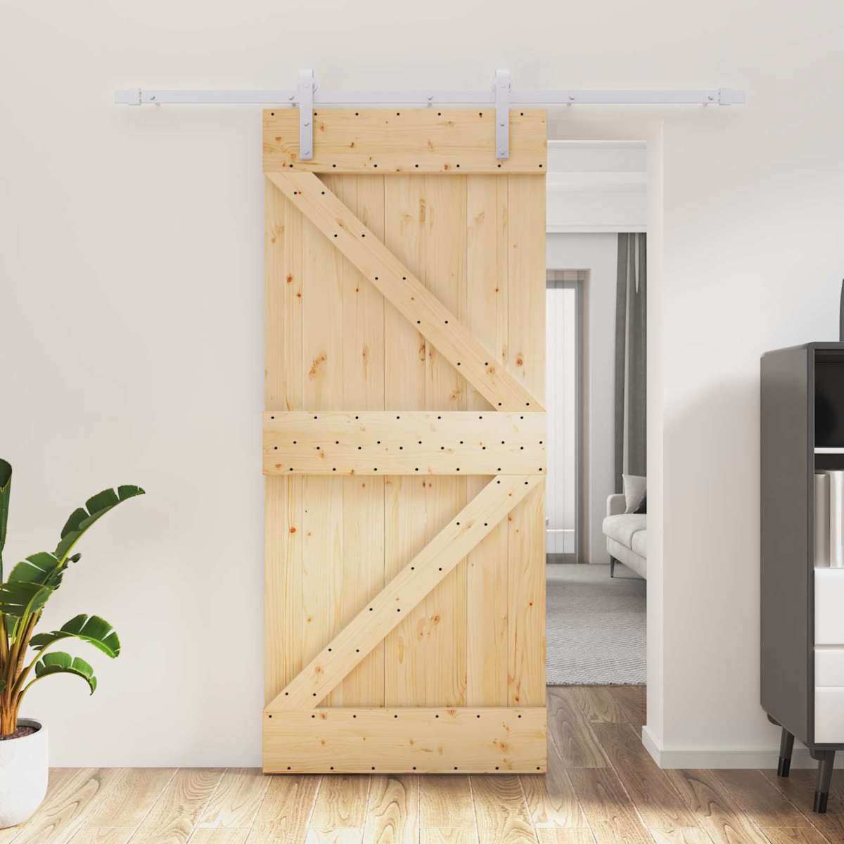 Skydedør 90 x 210 cm Massivt fyrretræ Natur og hvid