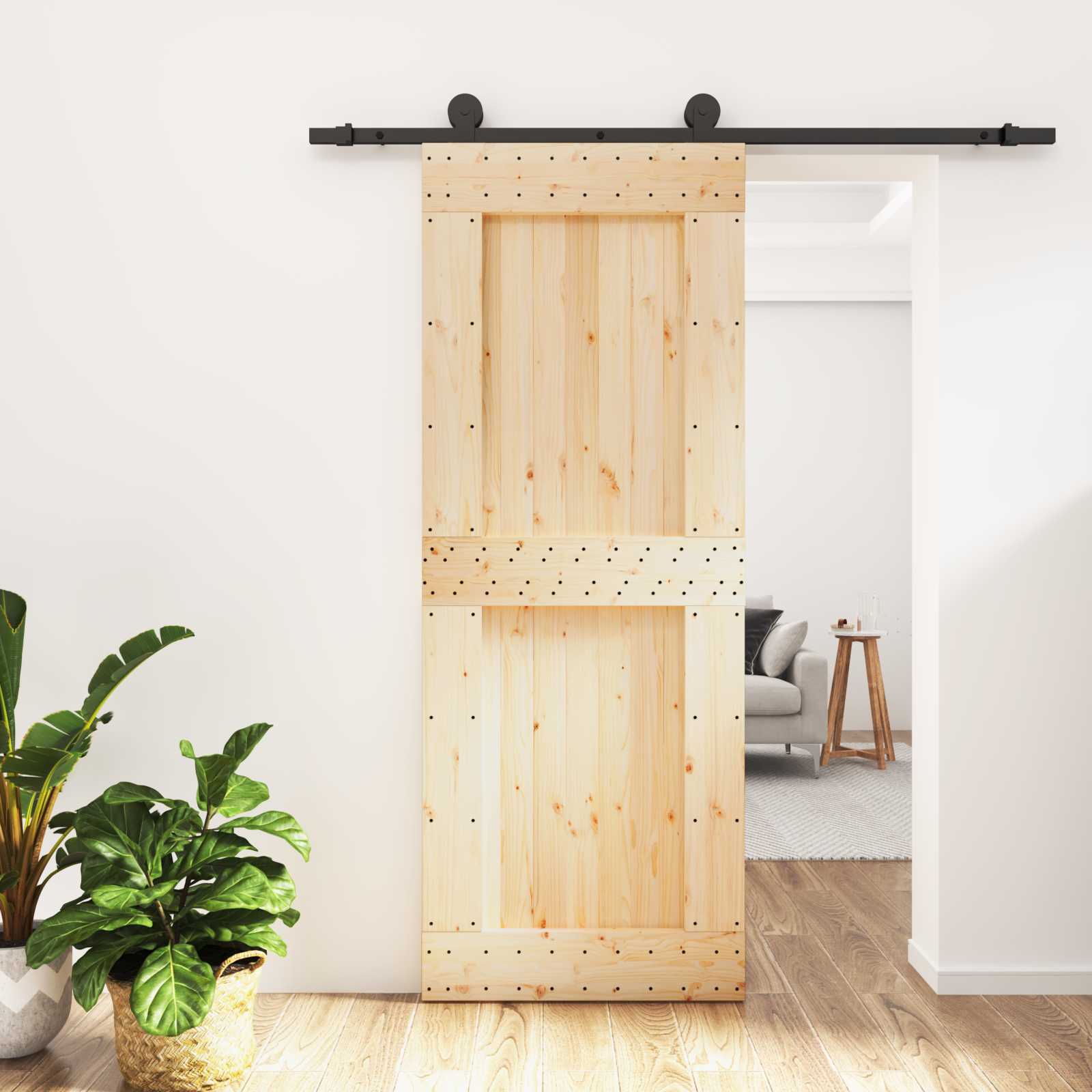Libisev uks Naturaalne ja must 80 x 210 cm Tahke männipuit