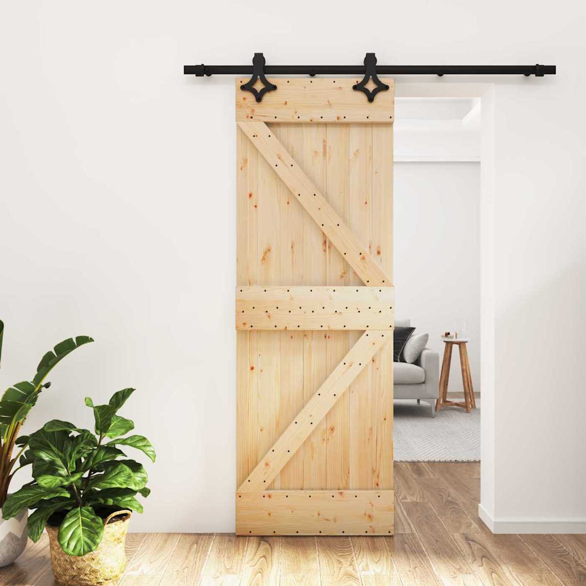 Skydedør Naturfarvet og sort 70 x 210 cm Massivt Fyrretræ