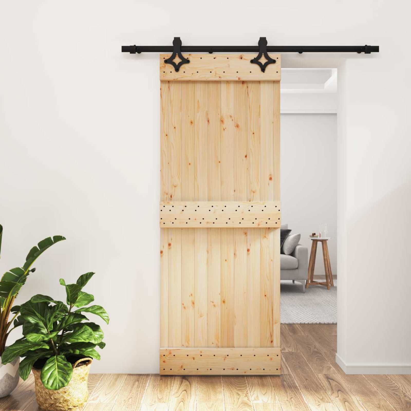 Schuifdeur Naturel en Zwart 80 x 210 cm Massief Grenenhout image 1