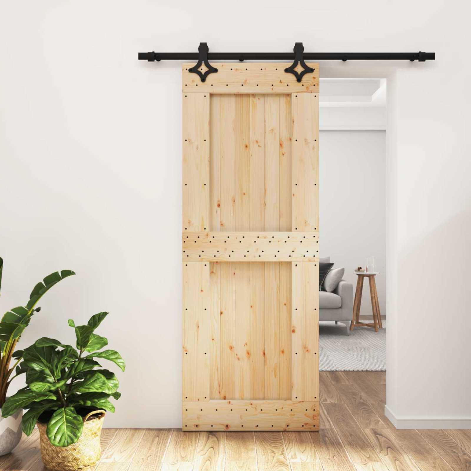 Schuifdeur Naturel en Zwart 80 x 210 cm Massief Grenenhout image 1