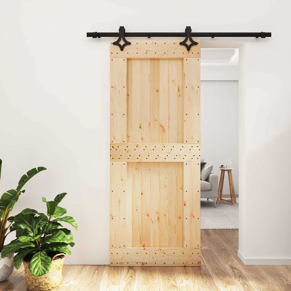Skydedør Naturfarvet og sort 85 x 210 cm Massivt Fyrretræ