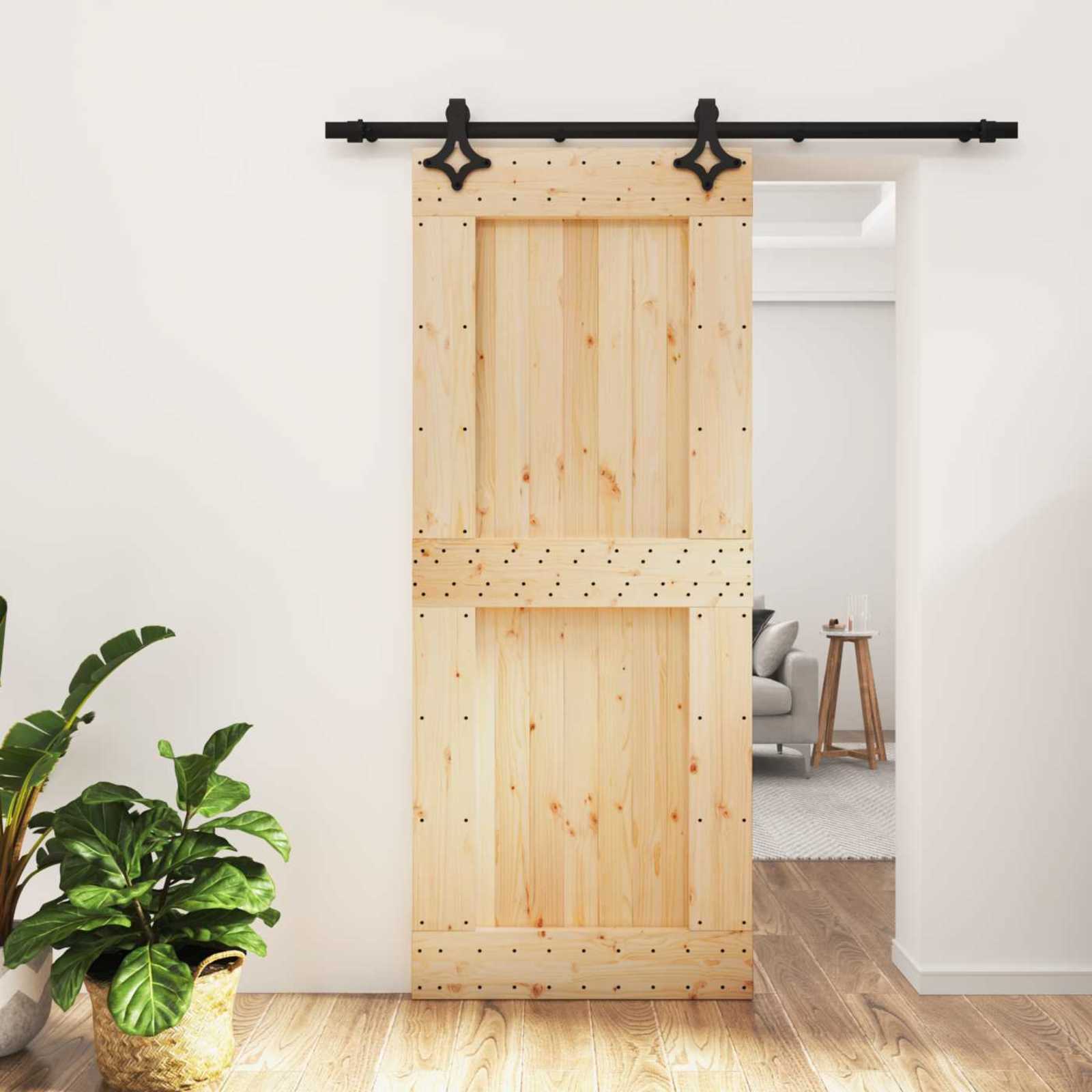 Schuifdeur Naturel en Zwart 85 x 210 cm Massief Grenenhout image 1