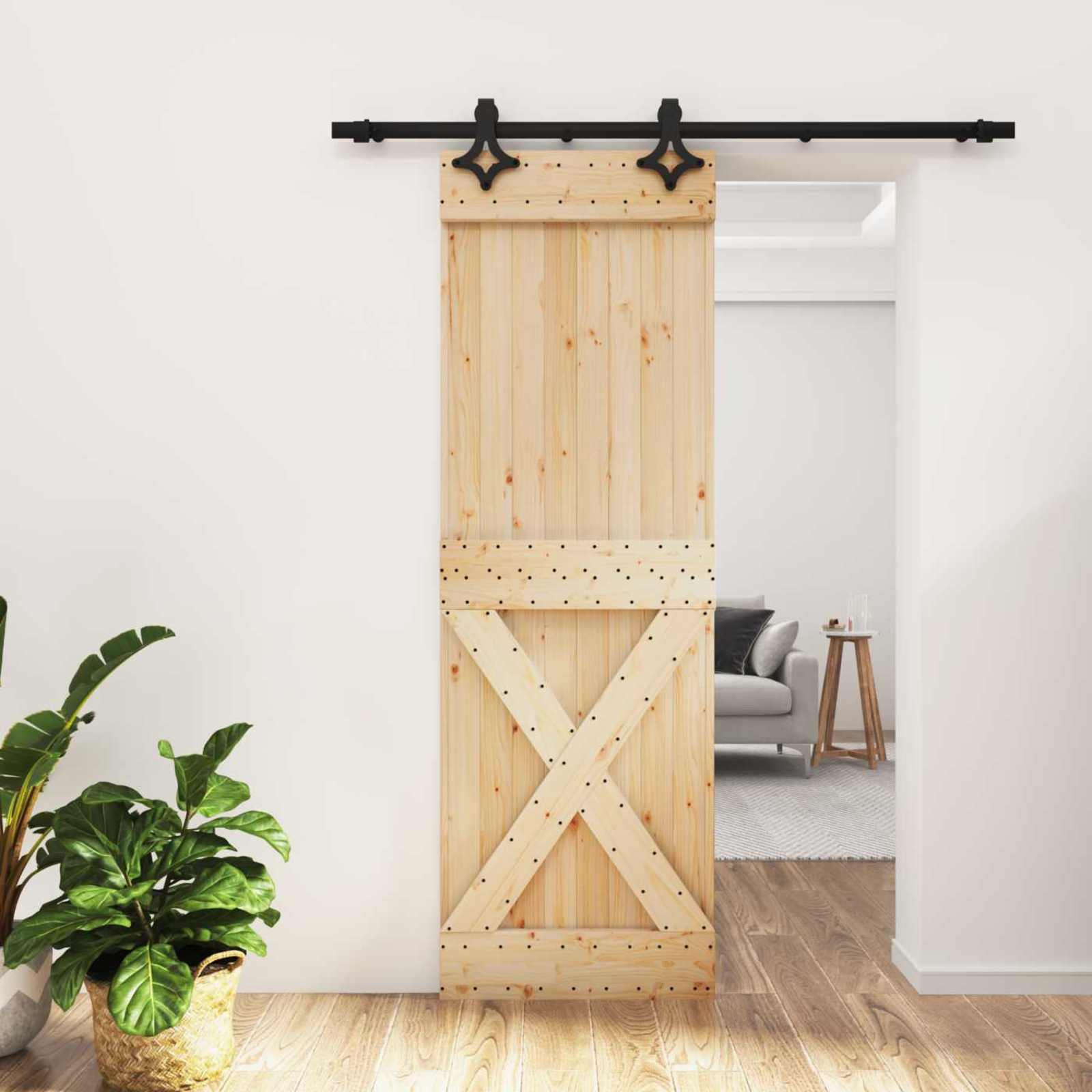 Schuifdeur Naturel en Zwart 70 x 210 cm Massief Grenenhout image 1
