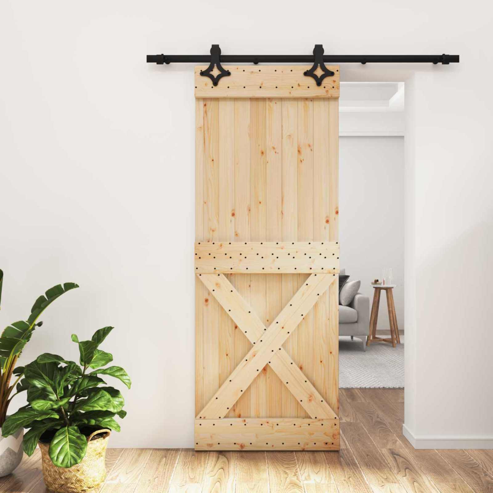 Schuifdeur Naturel en Zwart 80 x 210 cm Massief Grenenhout image 1