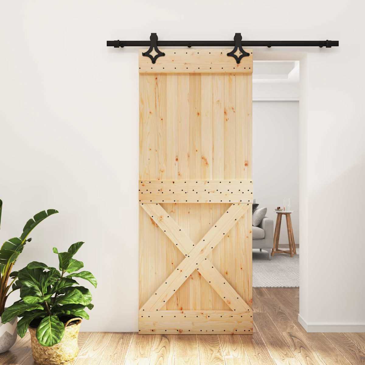 Skydedør Naturfarvet og sort 85 x 210 cm Massivt Fyrretræ