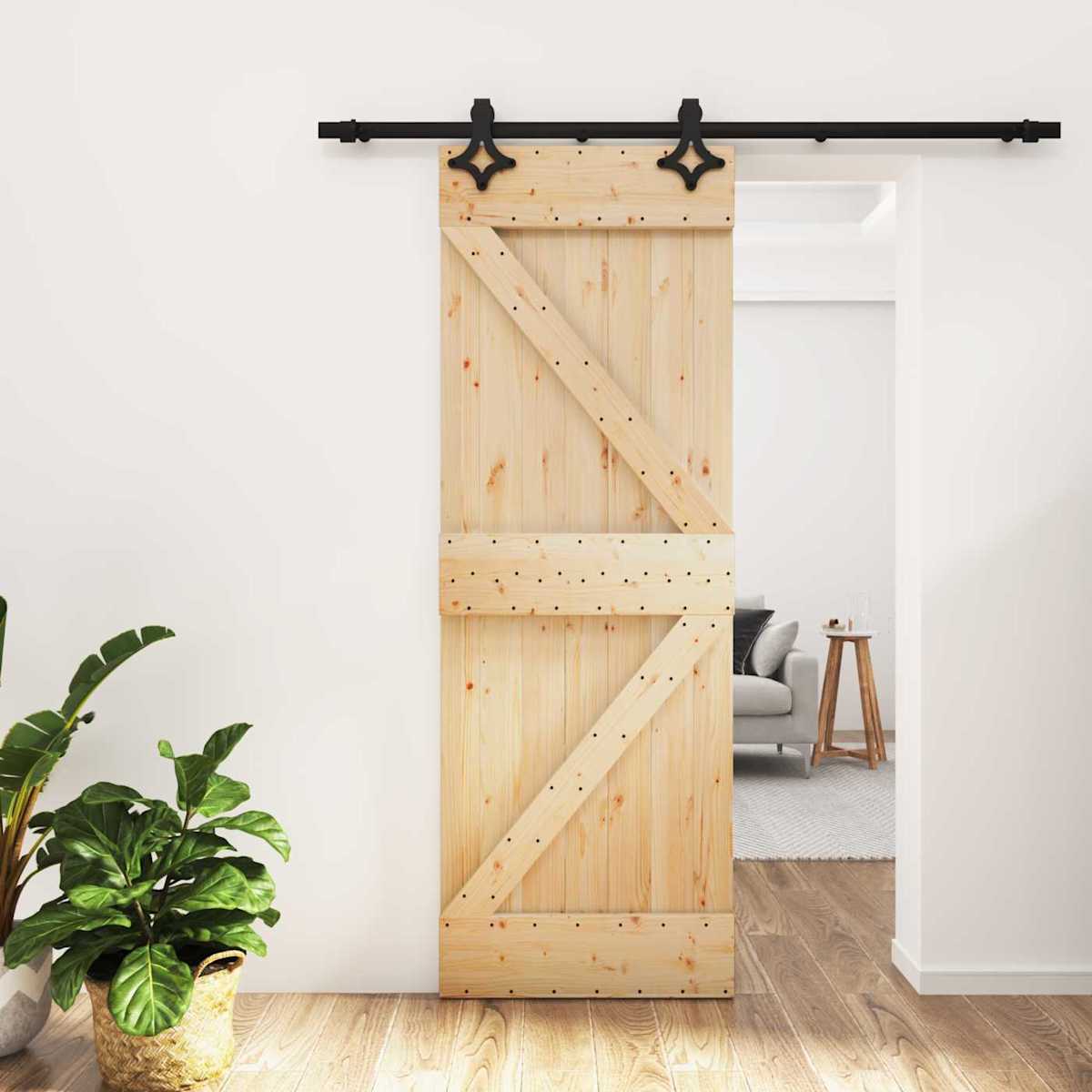 Skydedør Naturfarvet og sort 70 x 210 cm Massivt Fyrretræ