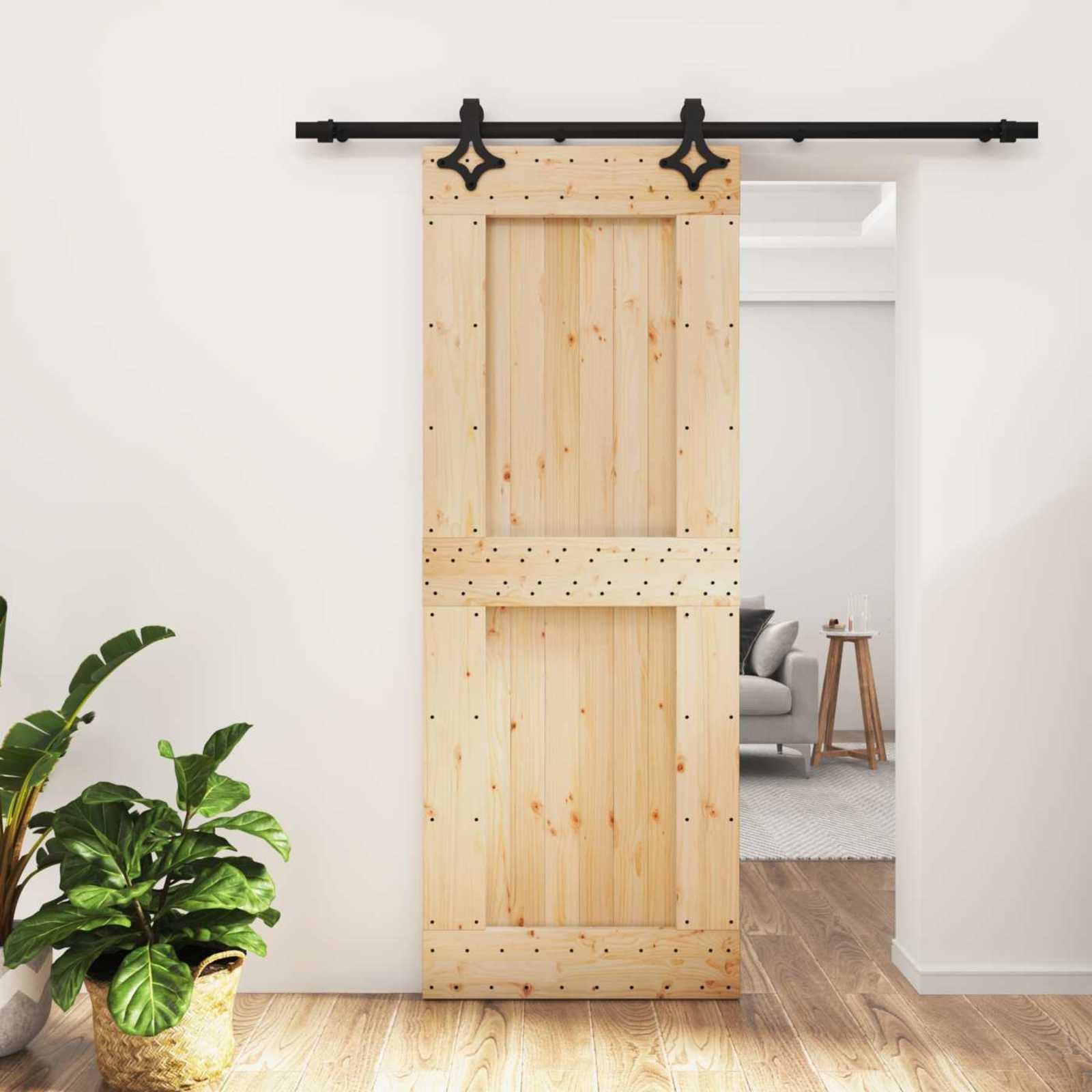 Schuifdeur Naturel en Zwart 80 x 210 cm Massief Grenenhout image 1