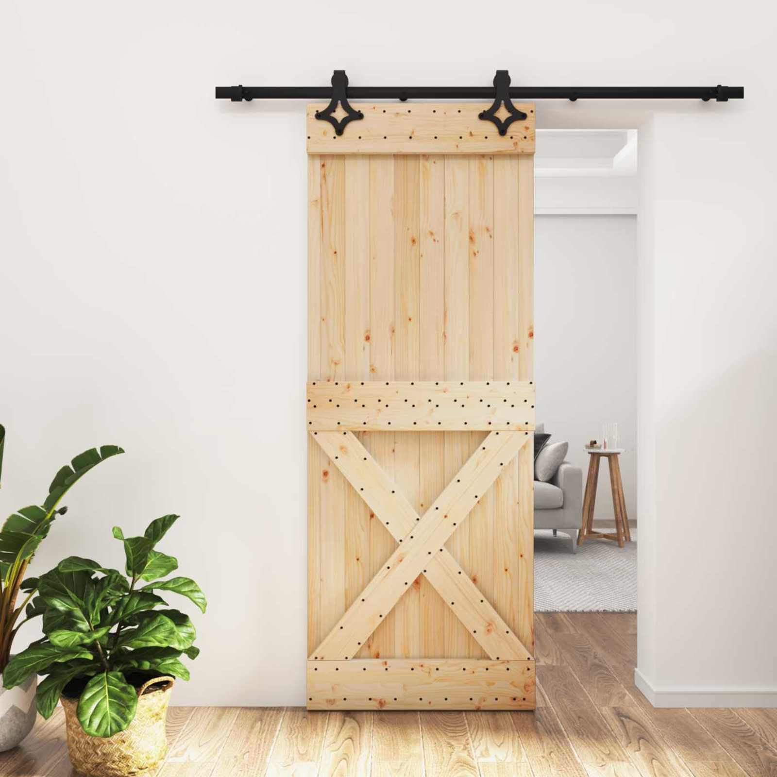 Schuifdeur Naturel en Zwart 80 x 210 cm Massief Grenenhout image 1