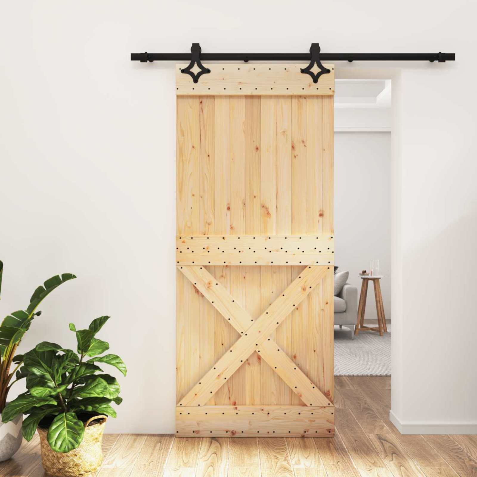 Schuifdeur Naturel en Zwart 90 x 210 cm Massief Grenenhout image 1