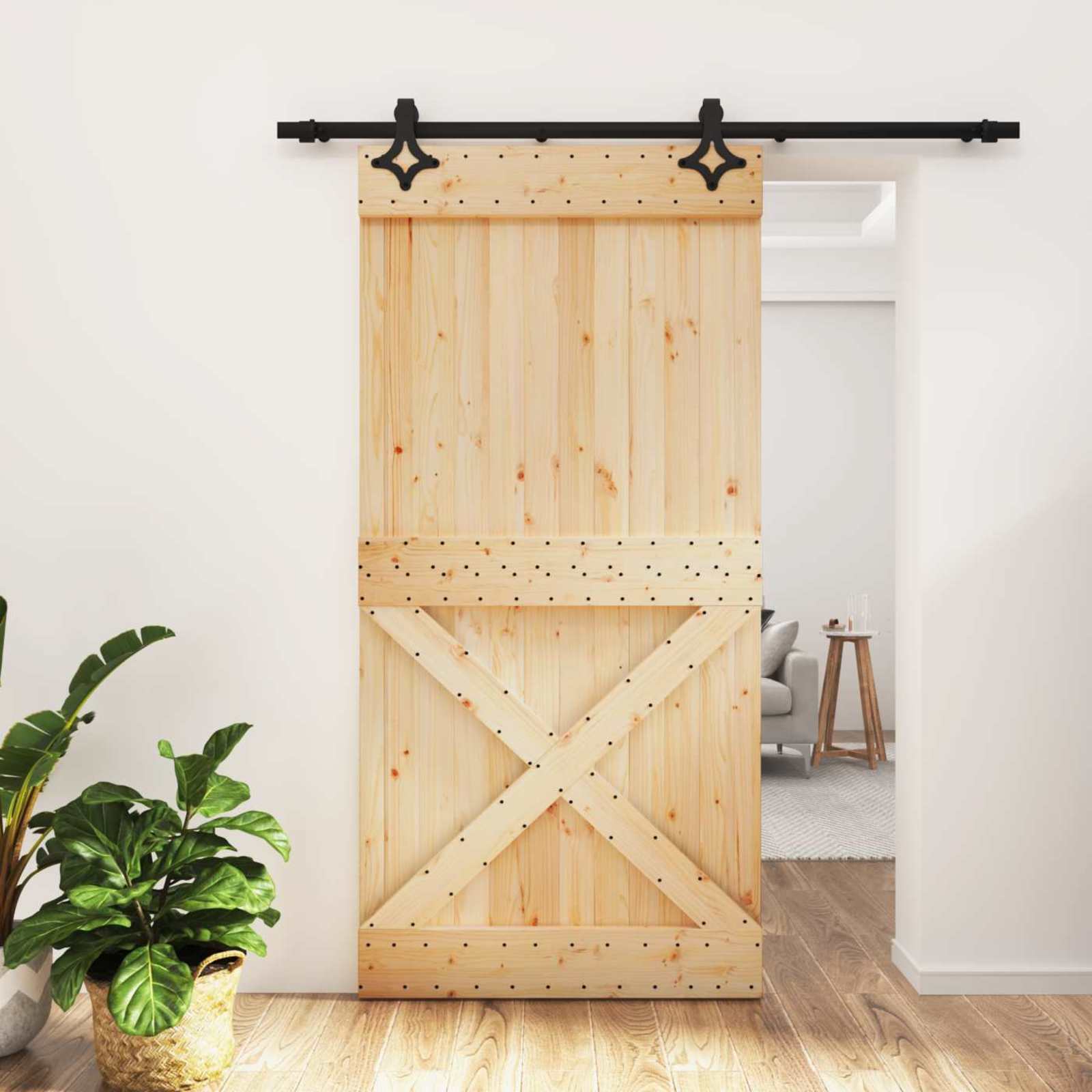 vidaXL Schiebetür Natürlich und Schwarz 100 x 210 cm Massivkiefer