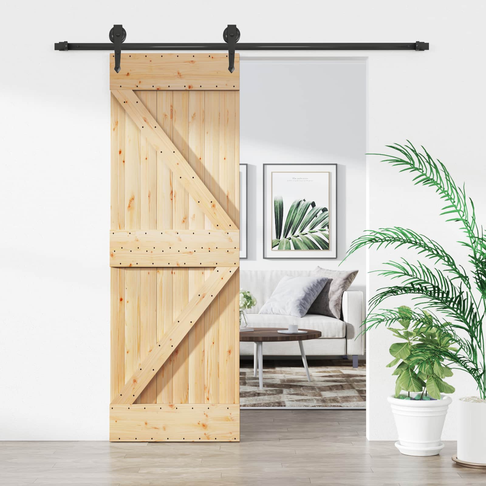 Schuifdeur Naturel en Zwart 70 x 210 cm Massief Grenenhout image 1