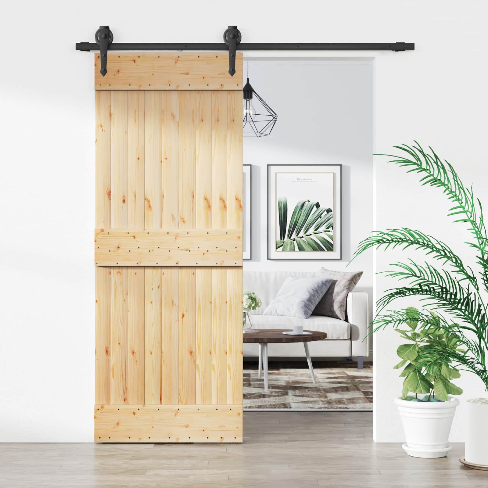 Schuifdeur Naturel en Zwart 80 x 210 cm Massief Grenenhout image 1
