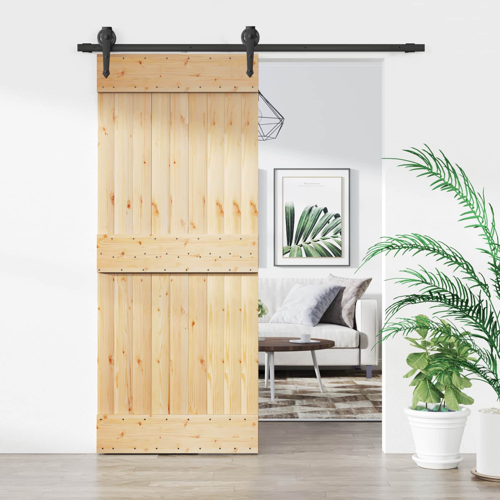 Schuifdeur Naturel en Zwart 85 x 210 cm Massief Grenenhout image 1