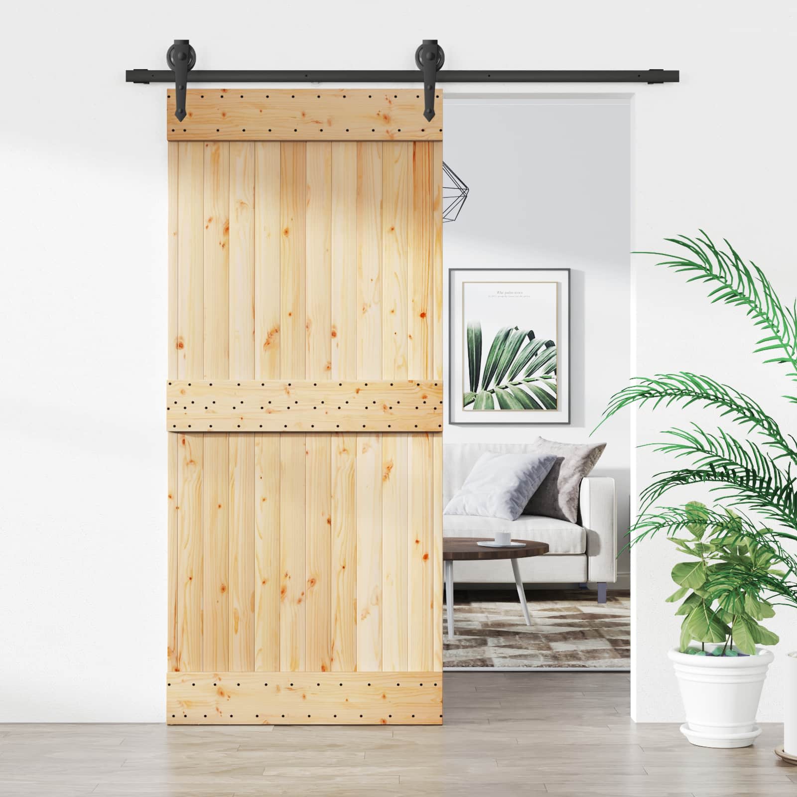 Schuifdeur Naturel en Zwart 90 x 210 cm Massief Grenenhout image 1
