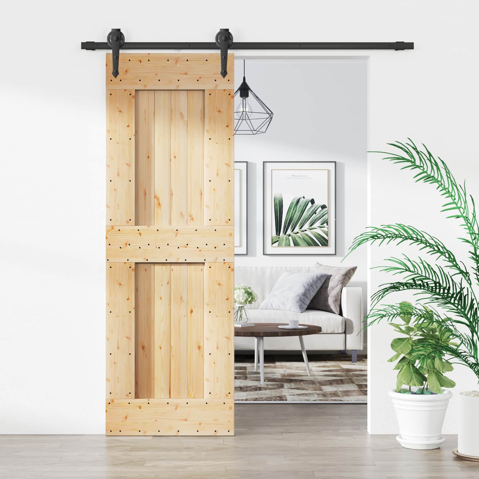 Schuifdeur Naturel en Zwart 70 x 210 cm Massief Grenenhout image 1