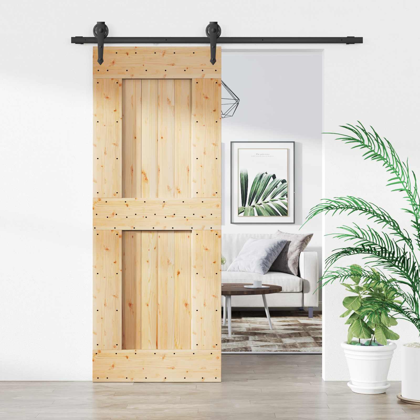 Schuifdeur Naturel en Zwart 80 x 210 cm Massief Grenenhout image 1