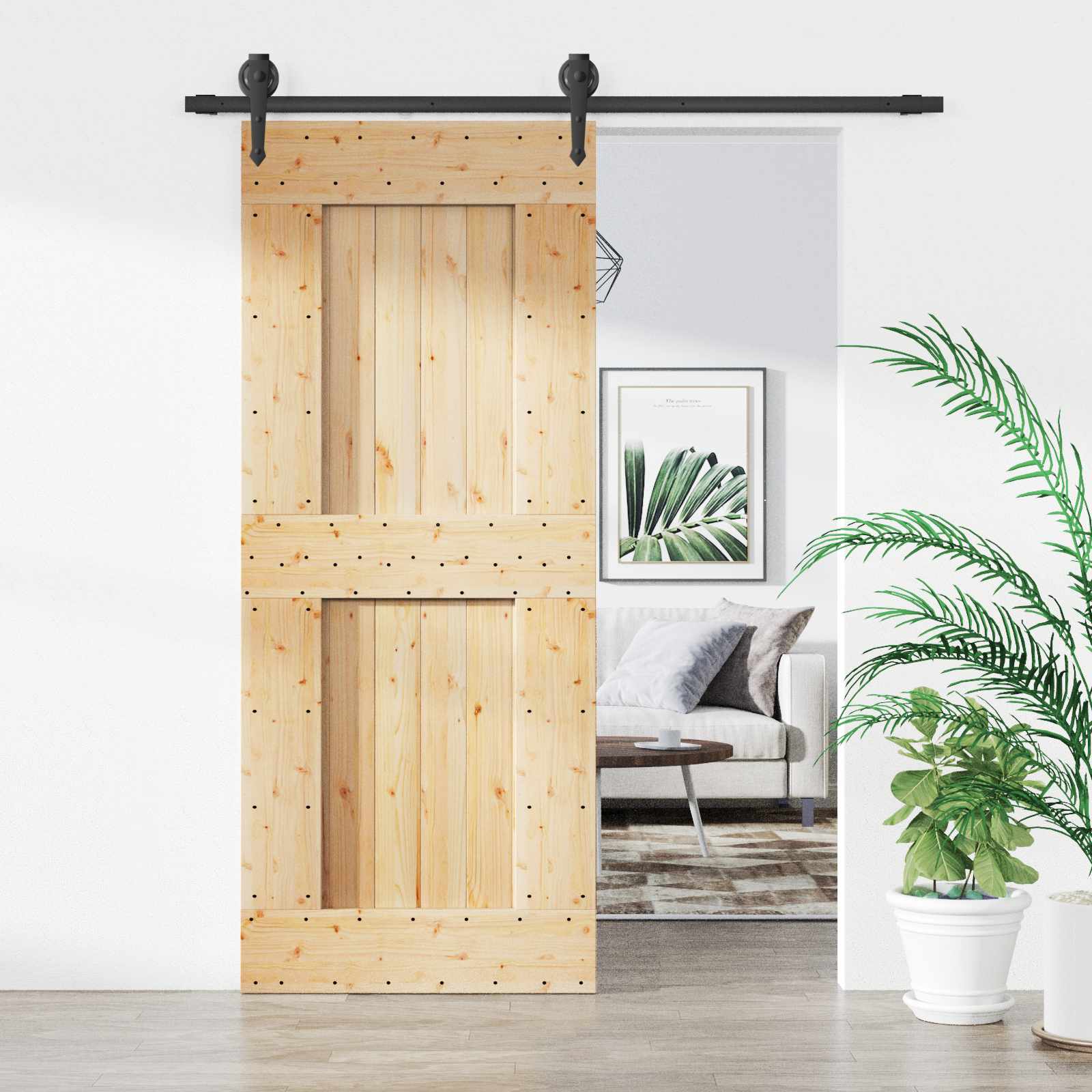 Schuifdeur Naturel en Zwart 85 x 210 cm Massief Grenenhout image 1
