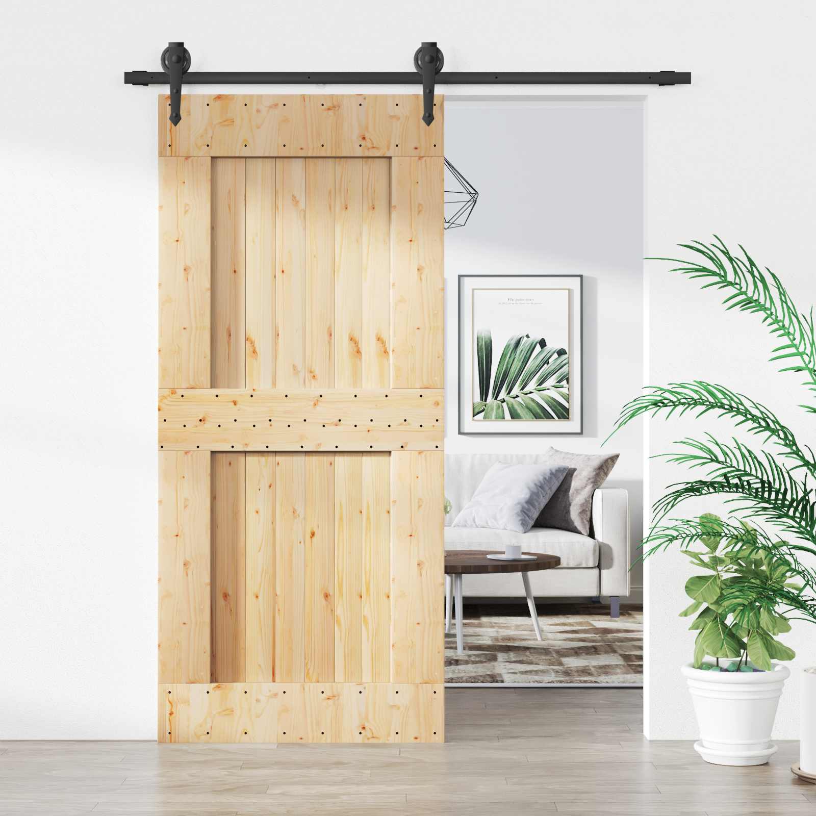 Schuifdeur Naturel en Zwart 90 x 210 cm Massief Grenenhout image 1