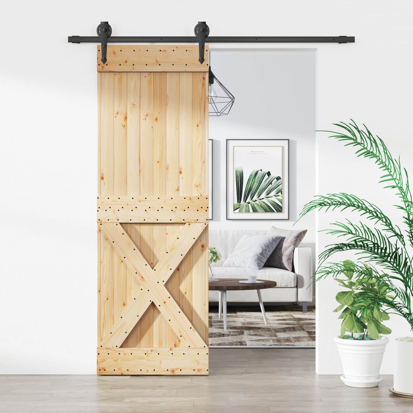 Schuifdeur Naturel en Zwart 70 x 210 cm Massief Grenenhout image 1