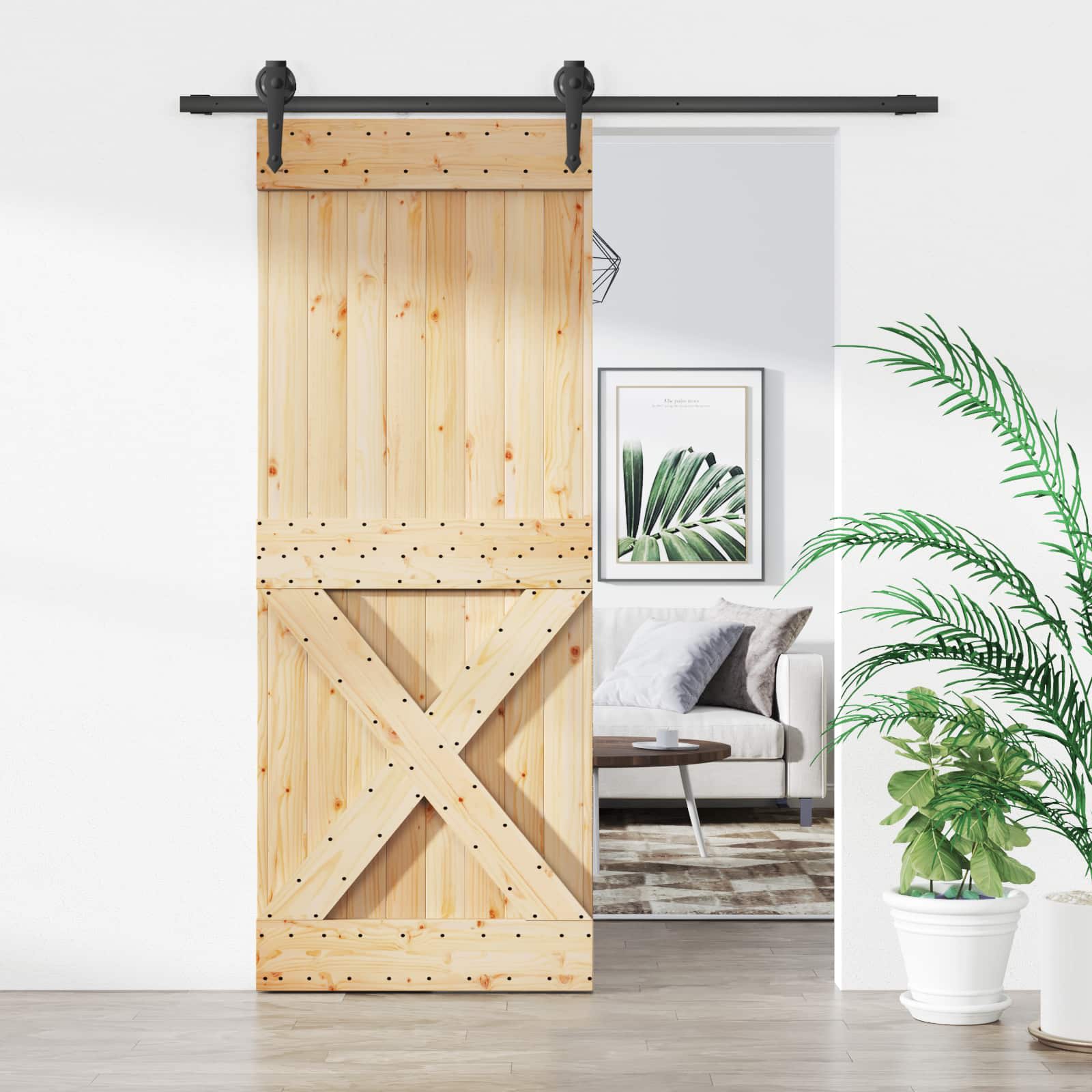 Schuifdeur Naturel en Zwart 80 x 210 cm Massief Grenenhout image 1