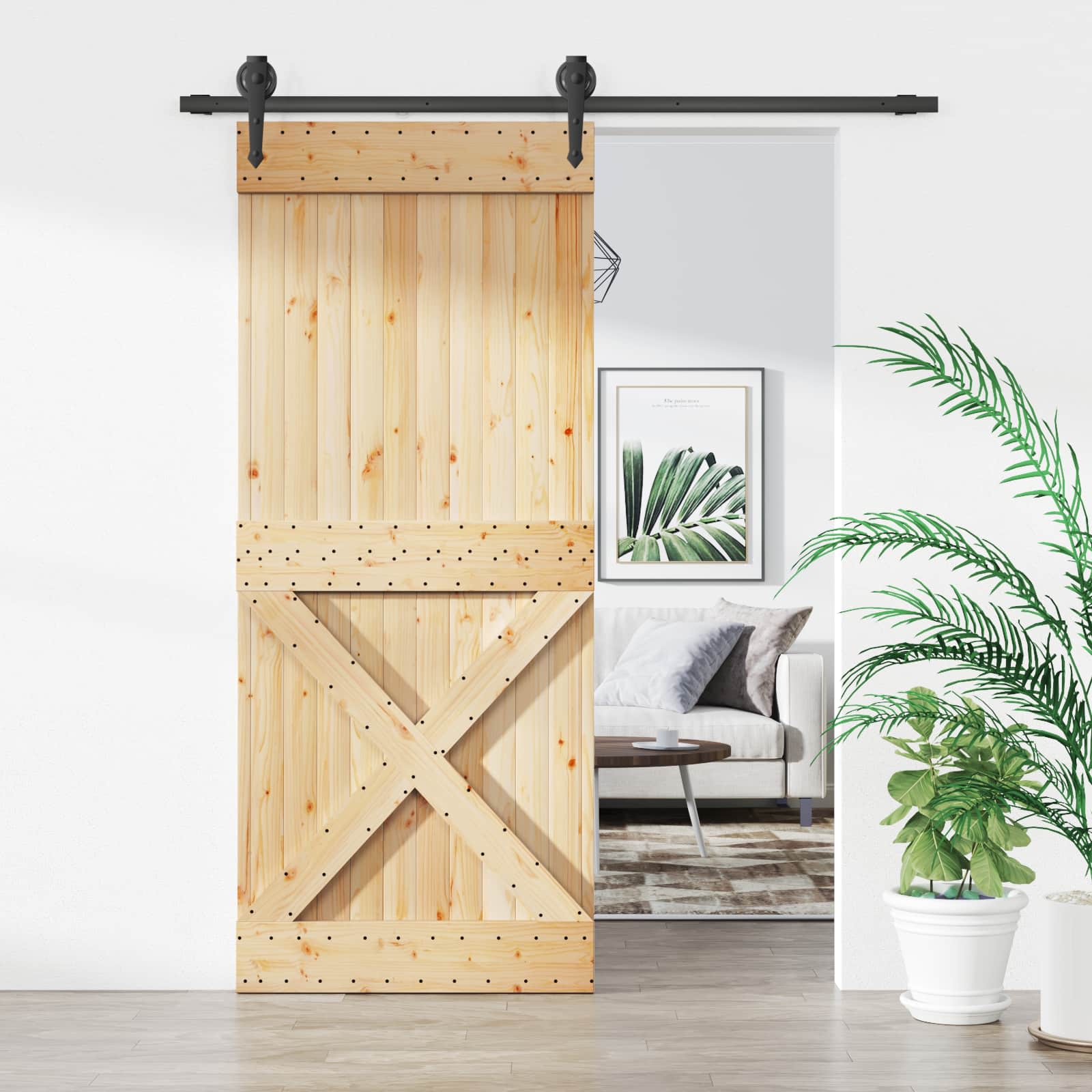 Schuifdeur Naturel en Zwart 85 x 210 cm Massief Grenenhout image 1