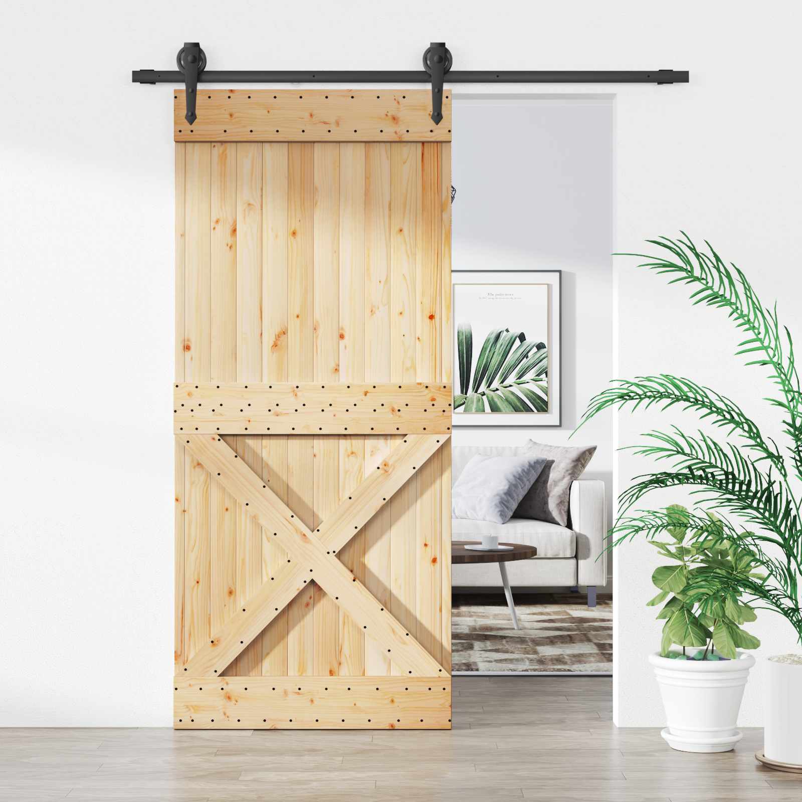 Schuifdeur Naturel en Zwart 90 x 210 cm Massief Grenenhout image 1