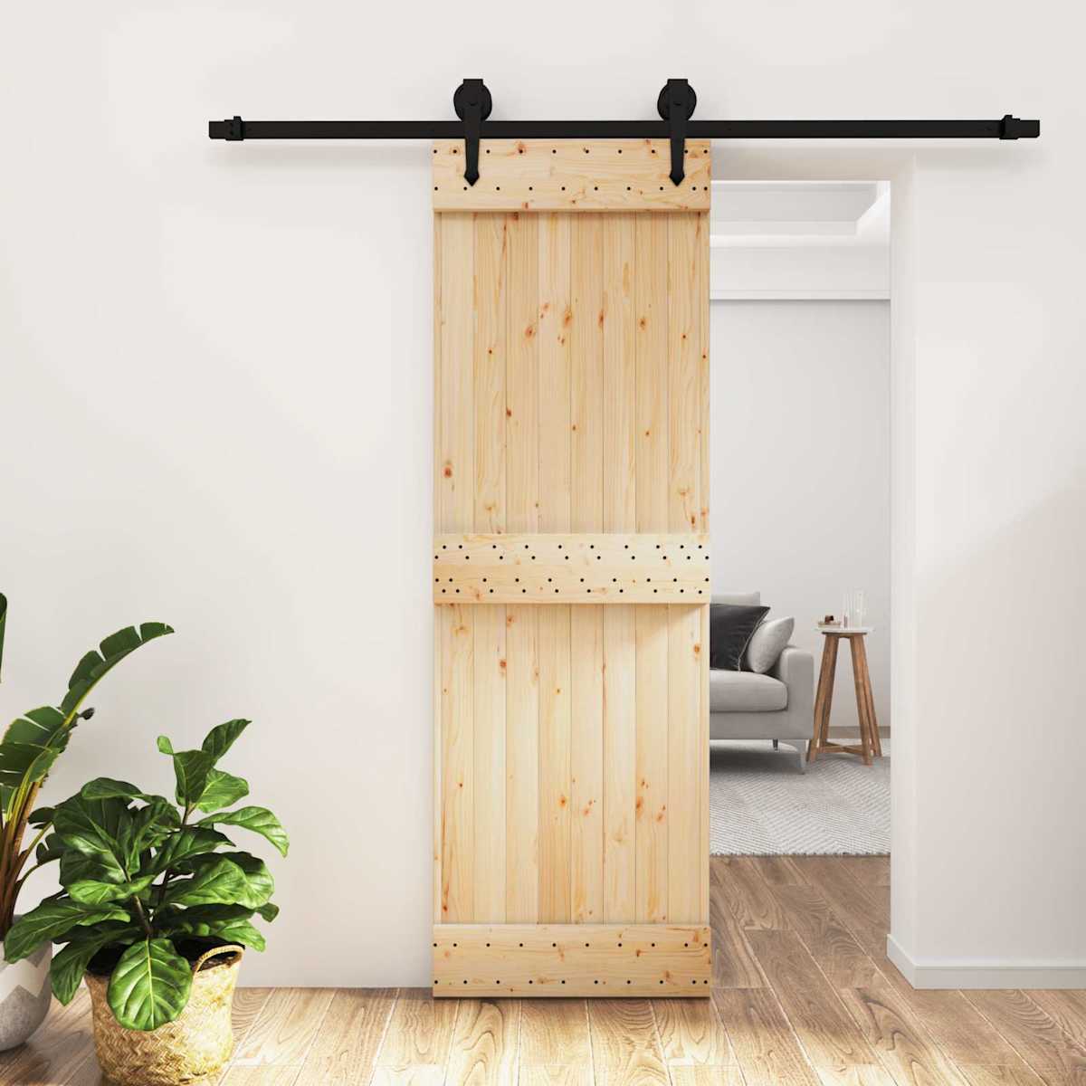 Skydedør Naturfarvet og sort 70 x 210 cm Massivt Fyrretræ