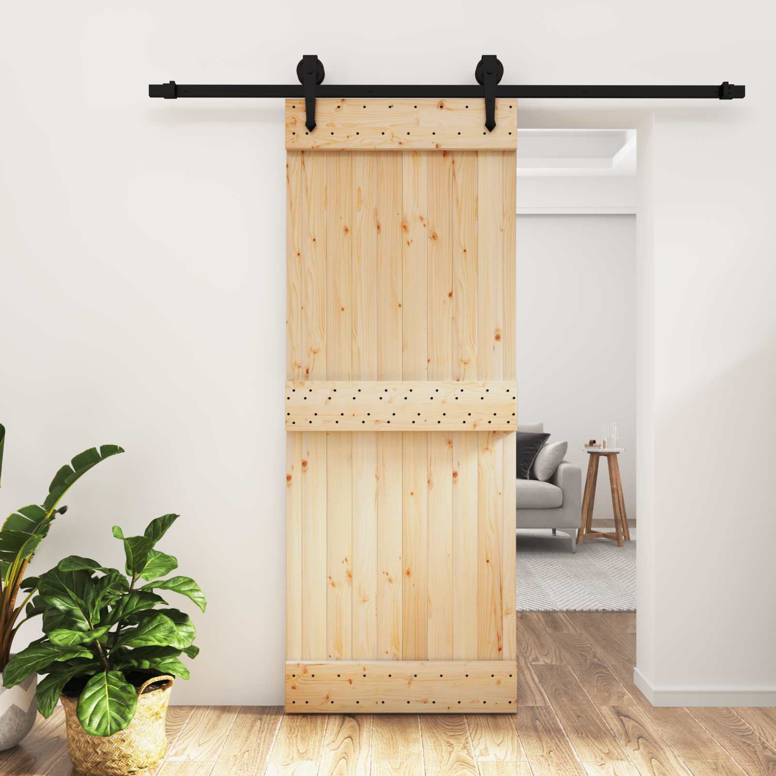 Schuifdeur Naturel en Zwart 80 x 210 cm Massief Grenenhout image 1