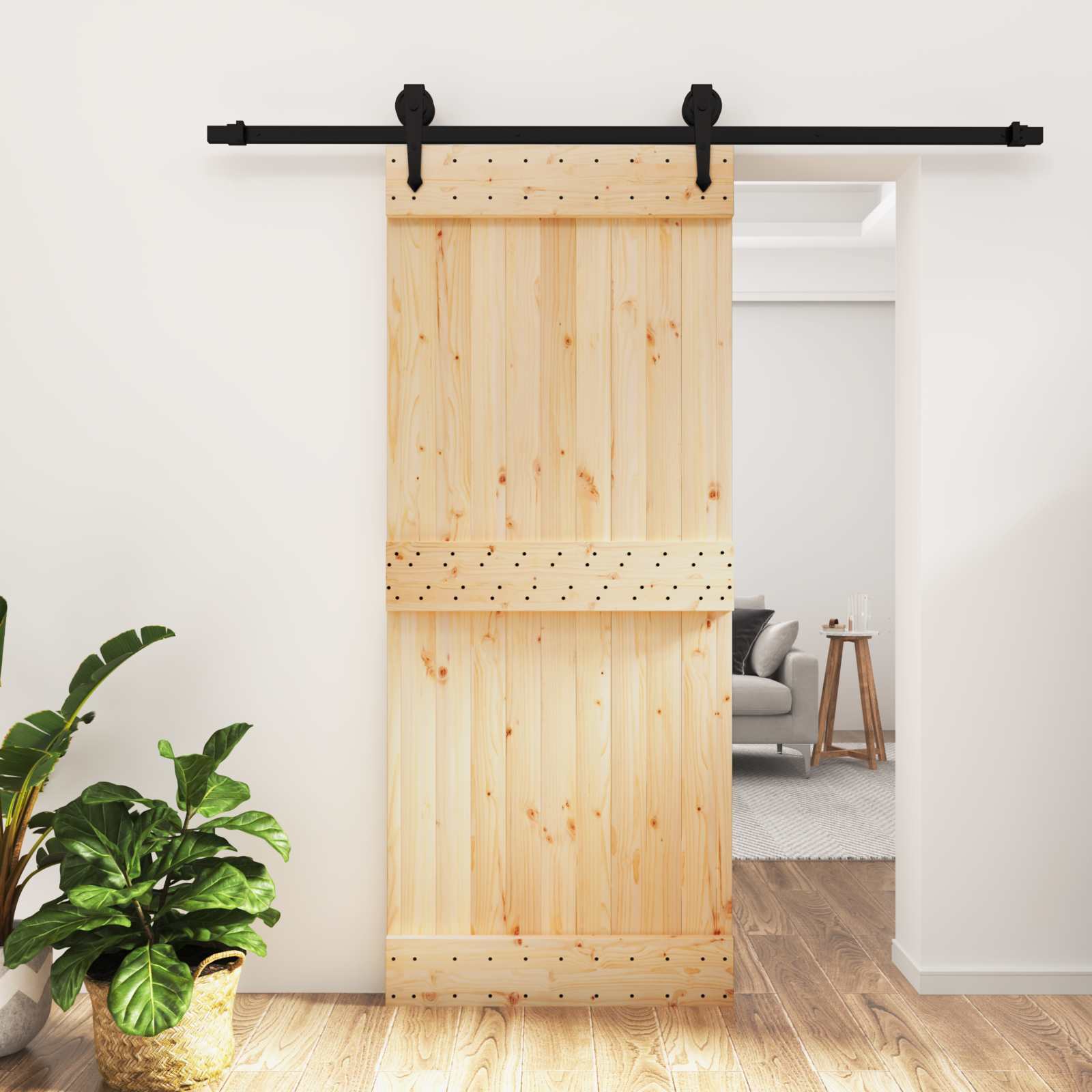 Schuifdeur Naturel en Zwart 85 x 210 cm Massief Grenenhout image 1