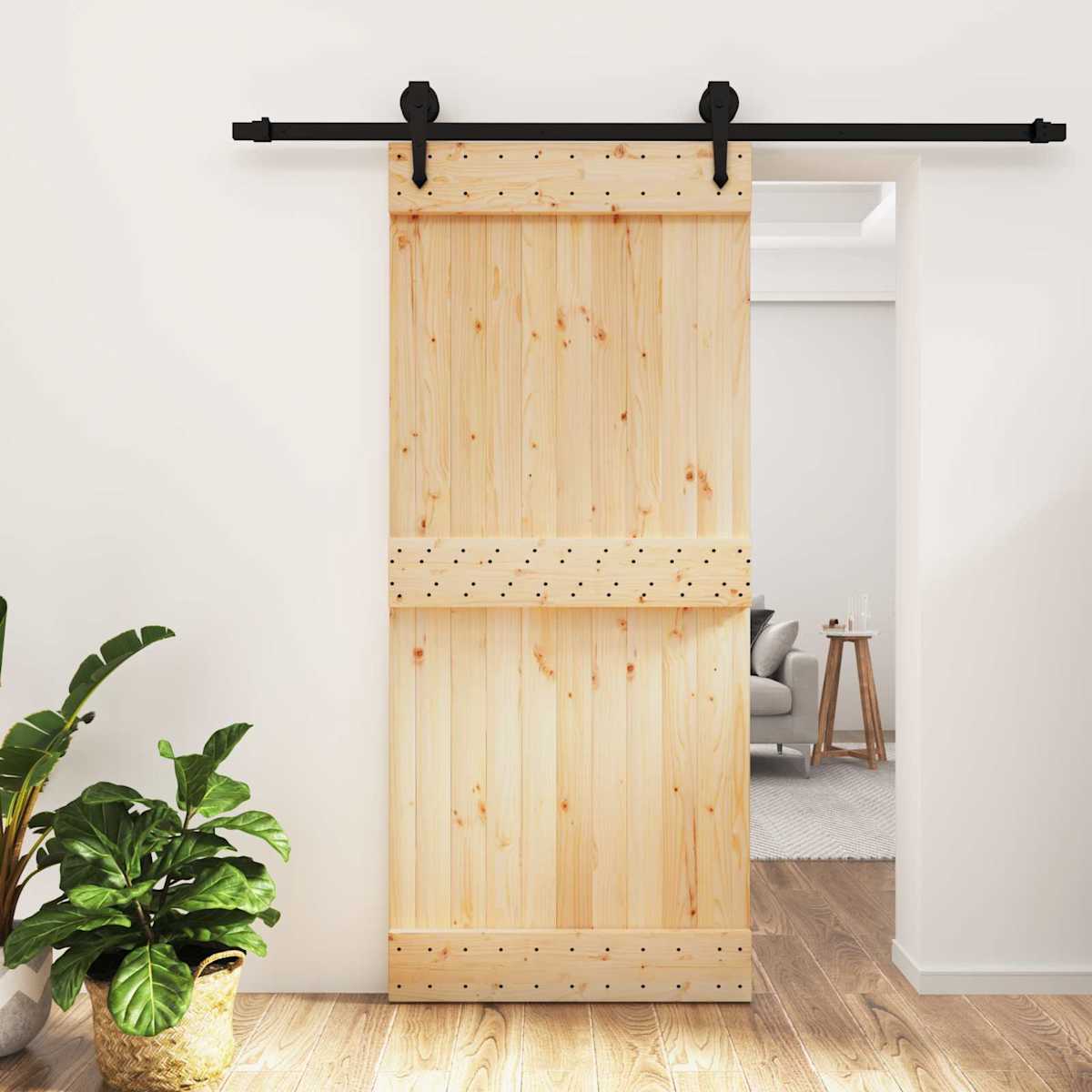 Skydedør Naturfarvet og sort 90 x 210 cm Massivt Fyrretræ