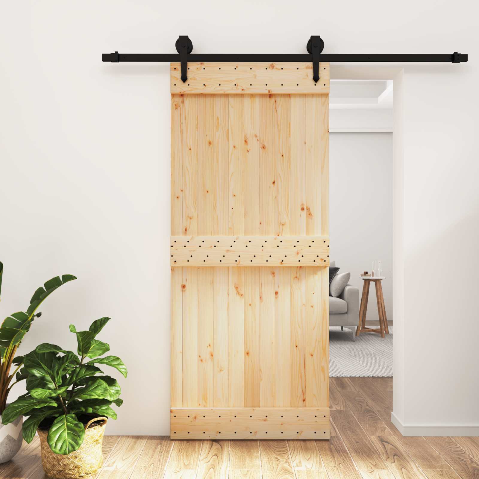 Schuifdeur Naturel en Zwart 90 x 210 cm Massief Grenenhout image 1
