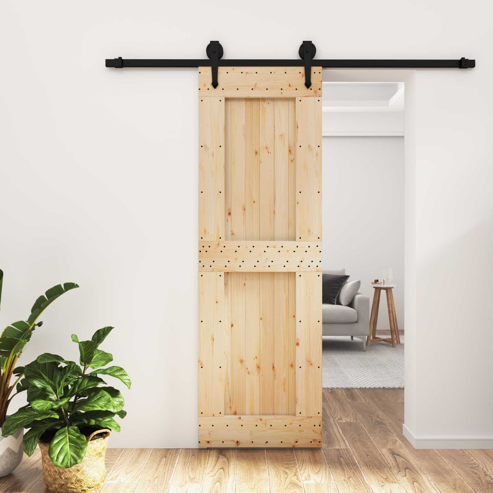 Schuifdeur Naturel en Zwart 70 x 210 cm Massief Grenenhout image 1