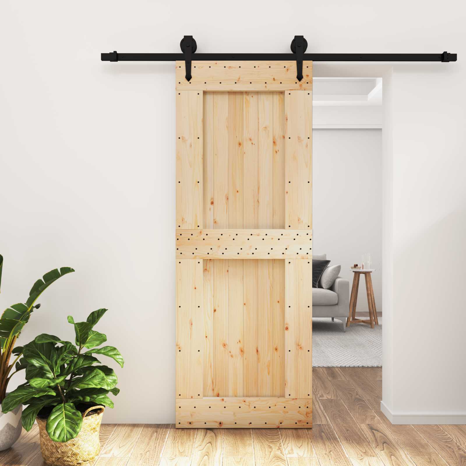 Schuifdeur Naturel en Zwart 80 x 210 cm Massief Grenenhout image 1