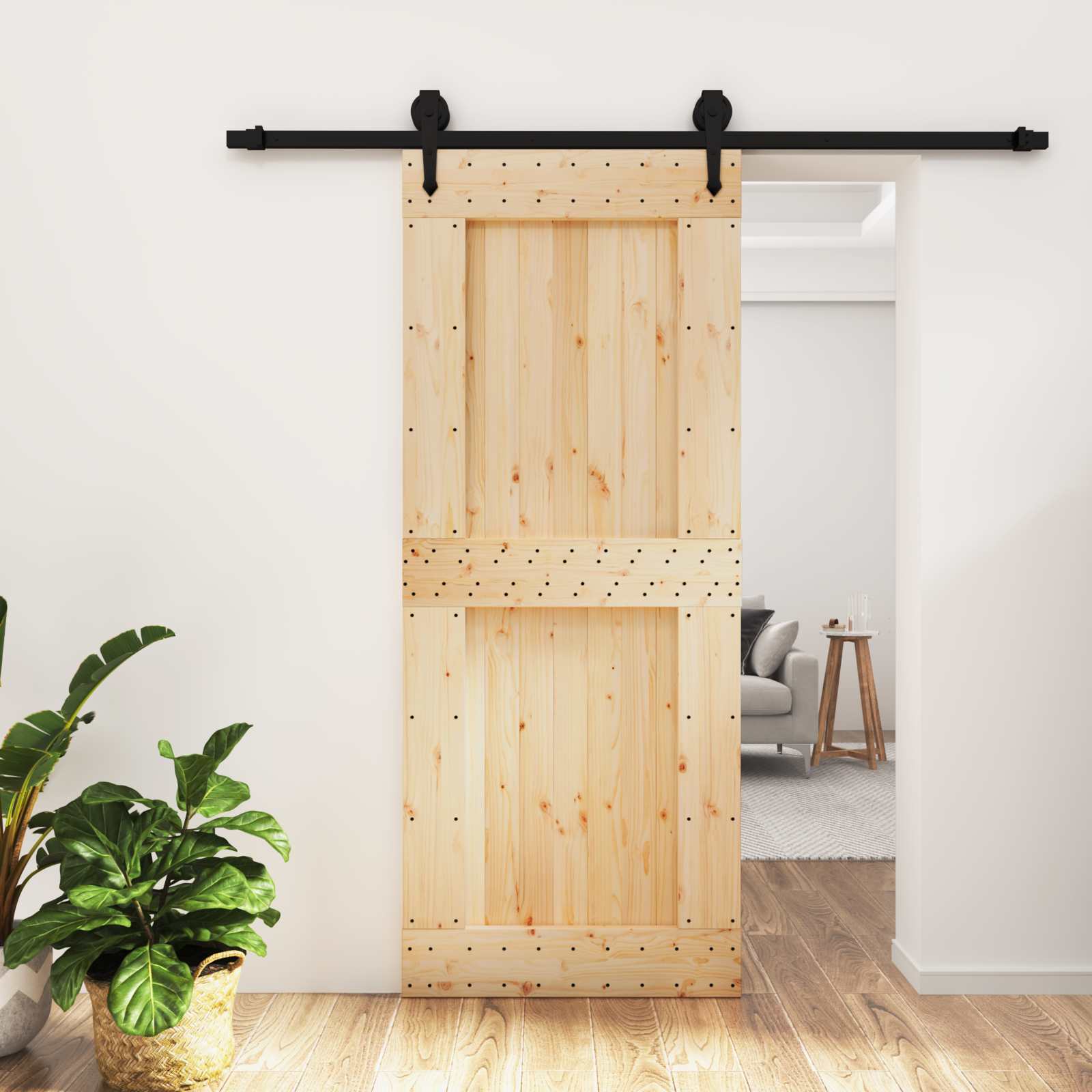 Schuifdeur Naturel en Zwart 85 x 210 cm Massief Grenenhout image 1