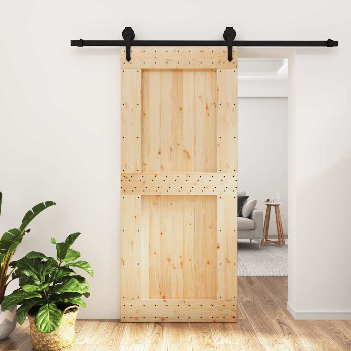 Skydedør Naturfarvet og sort 90 x 210 cm Massivt Fyrretræ