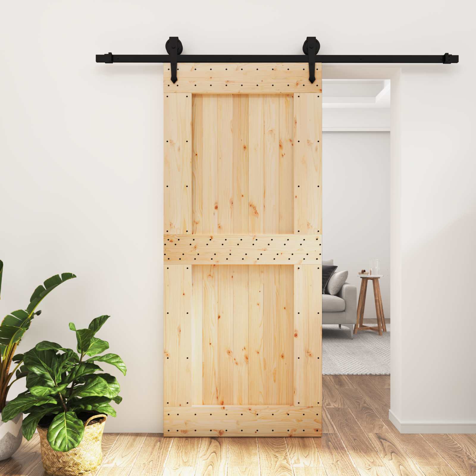 Schuifdeur Naturel en Zwart 90 x 210 cm Massief Grenenhout image 1