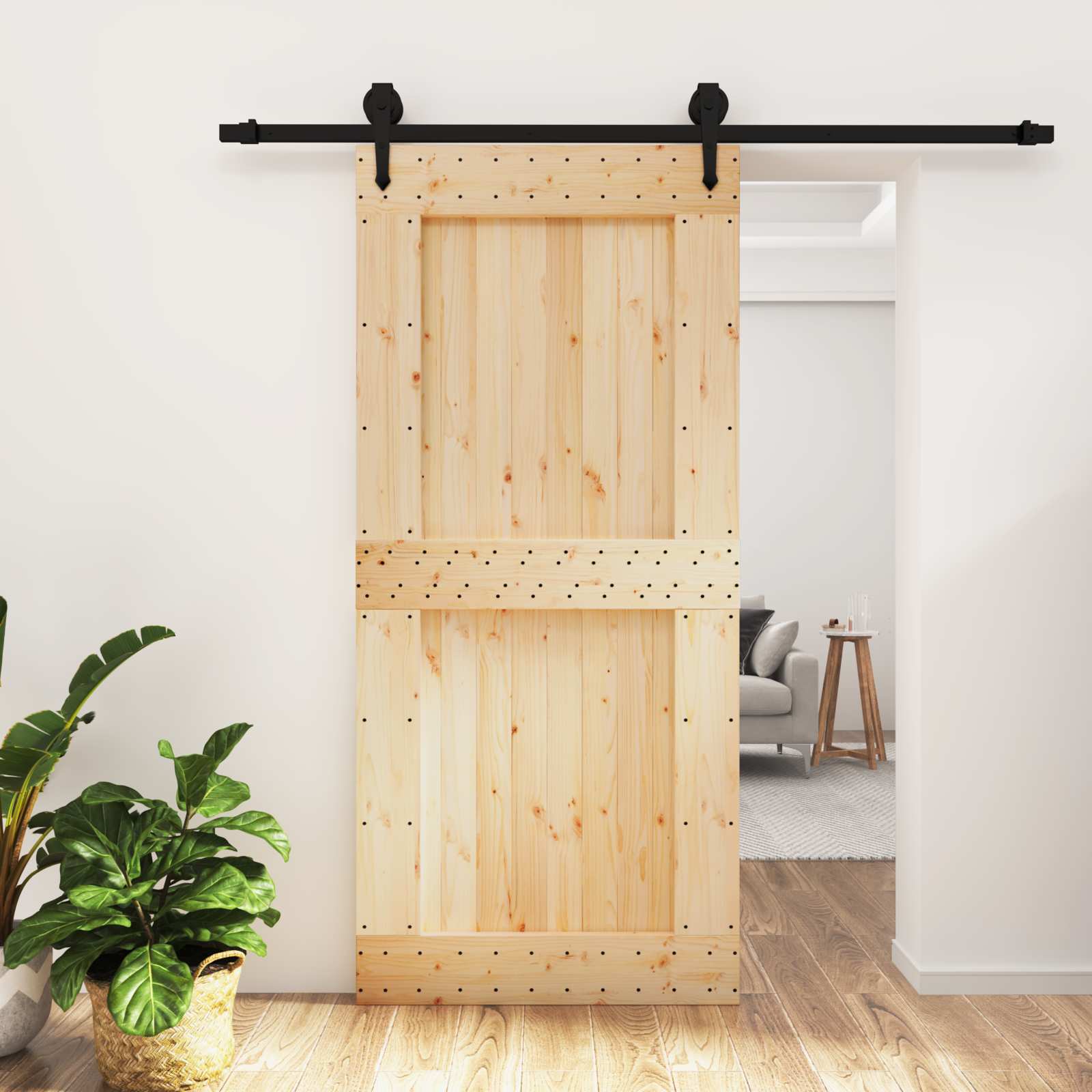 Schuifdeur Naturel en Zwart 95 x 210 cm Massief Grenenhout image 1