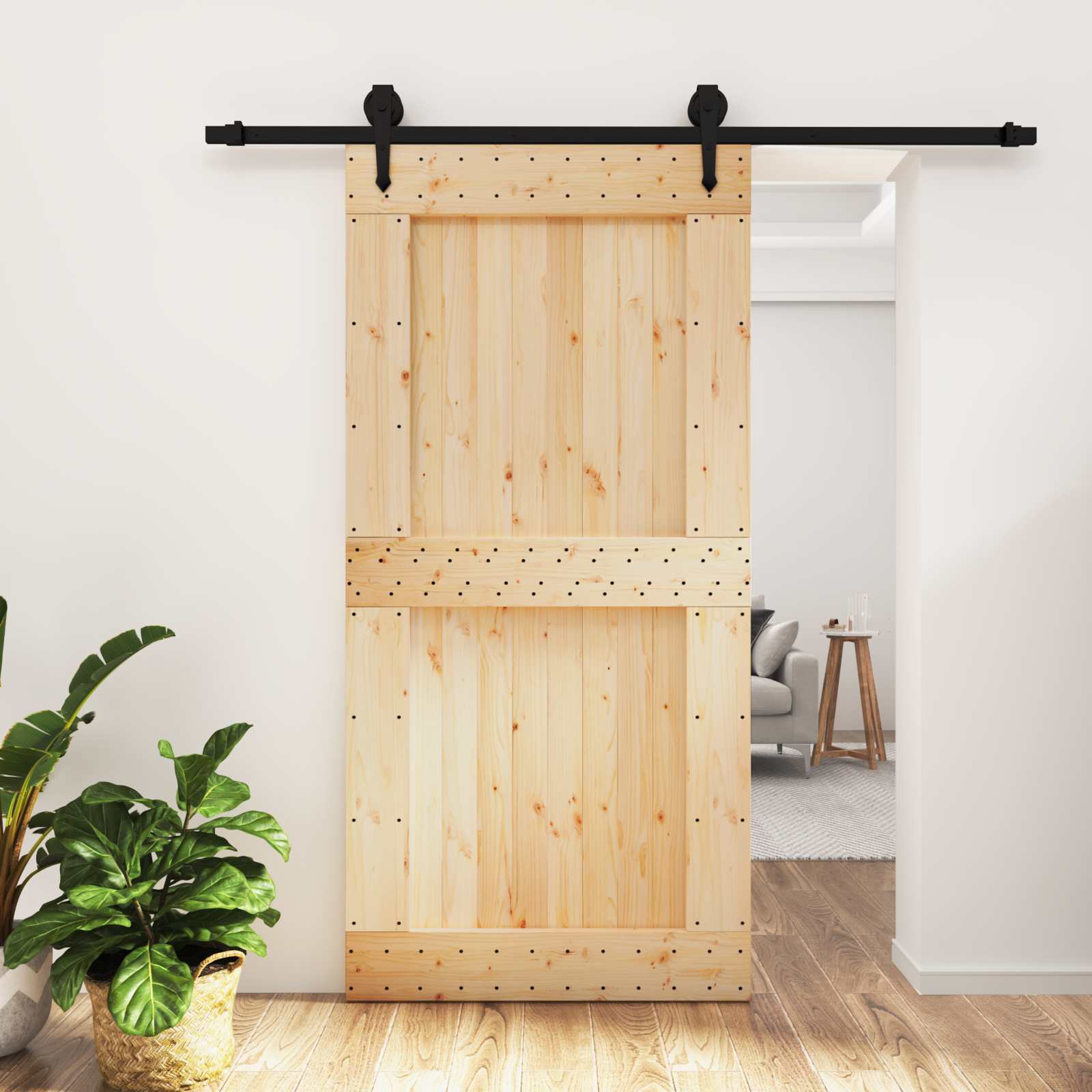 Schuifdeur Naturel en Zwart 100 x 210 cm Massief Grenenhout image 1