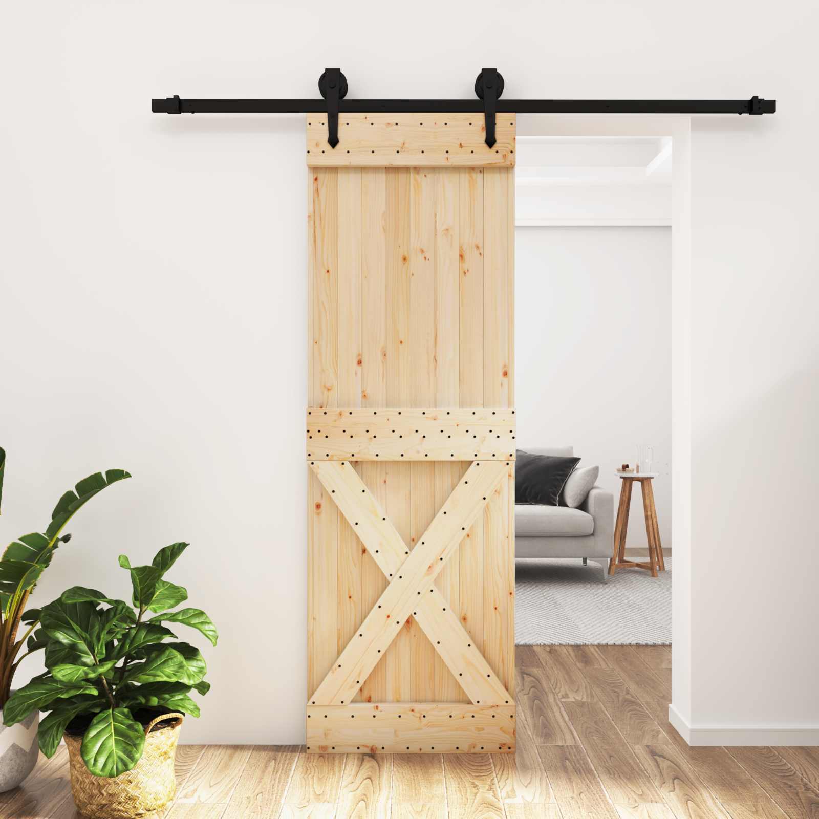 Schuifdeur Naturel en Zwart 70 x 210 cm Massief Grenenhout image 1