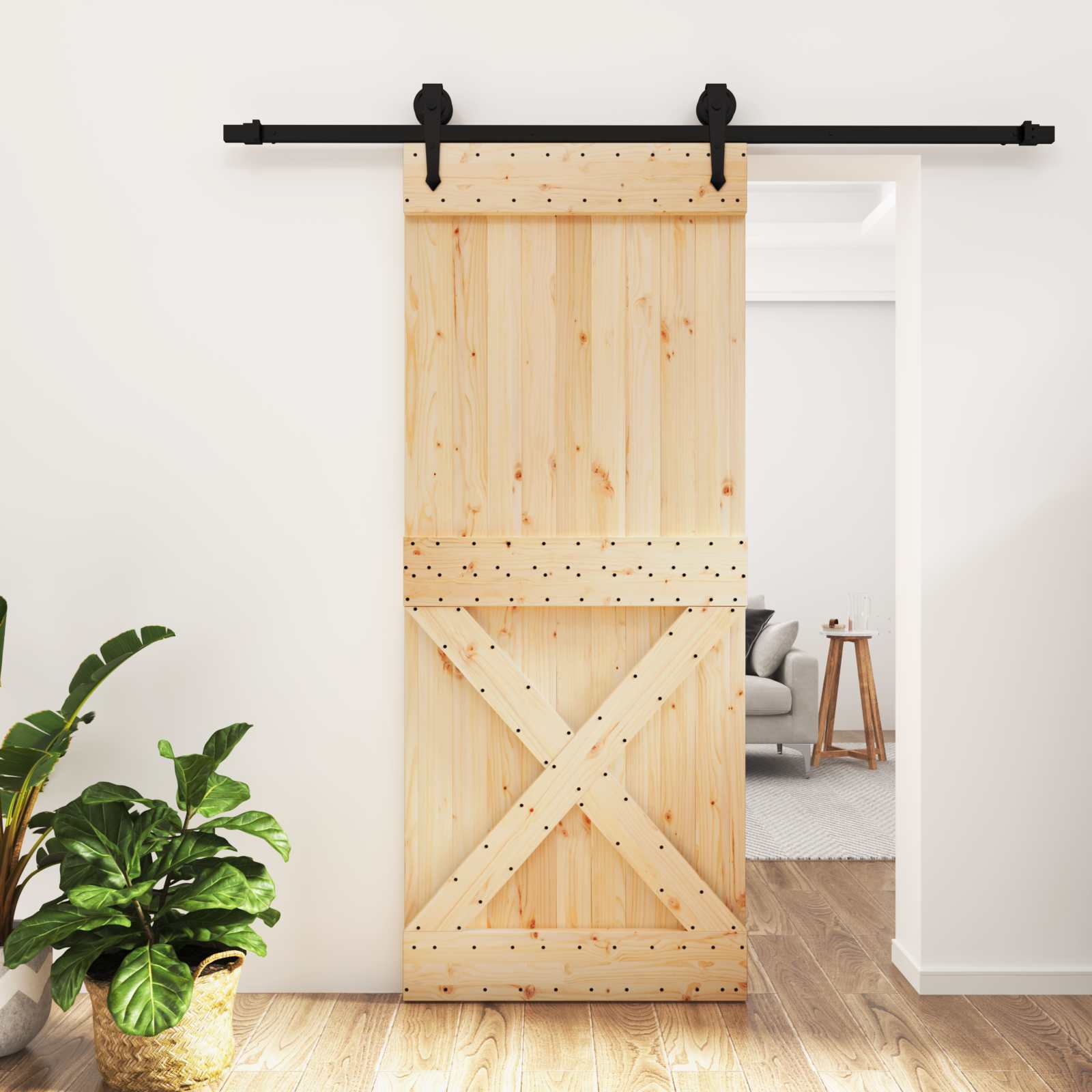 Schuifdeur Naturel en Zwart 85 x 210 cm Massief Grenenhout image 1