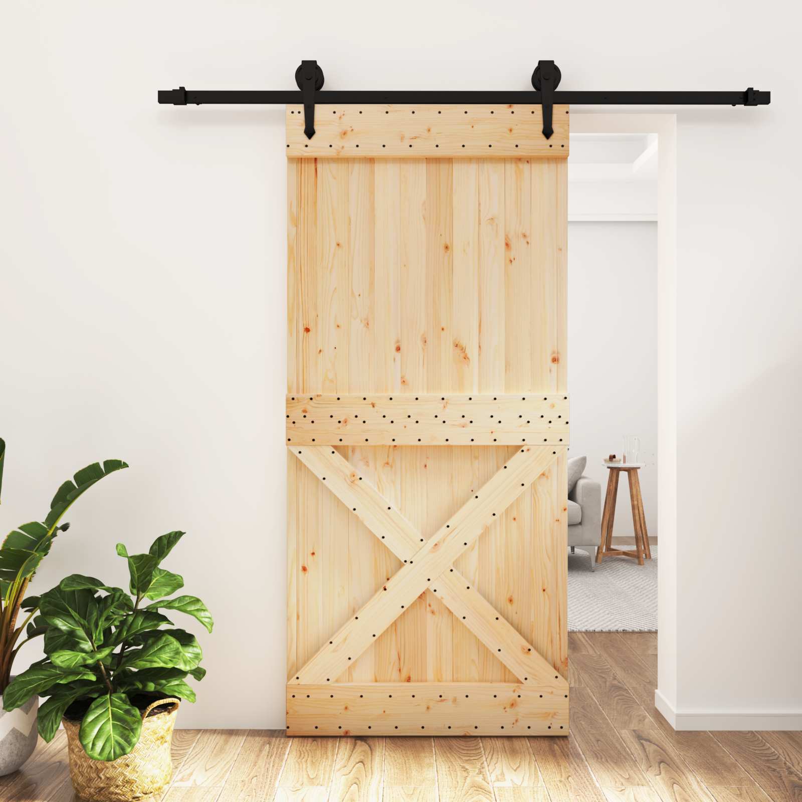 Schuifdeur Naturel en Zwart 95 x 210 cm Massief Grenenhout image 1