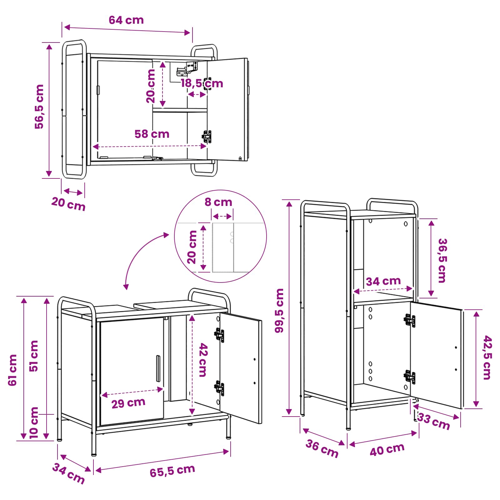 Komplet omaric za kopalnico 3 kos Črni hrast 40 x 36 x 99,5 cm