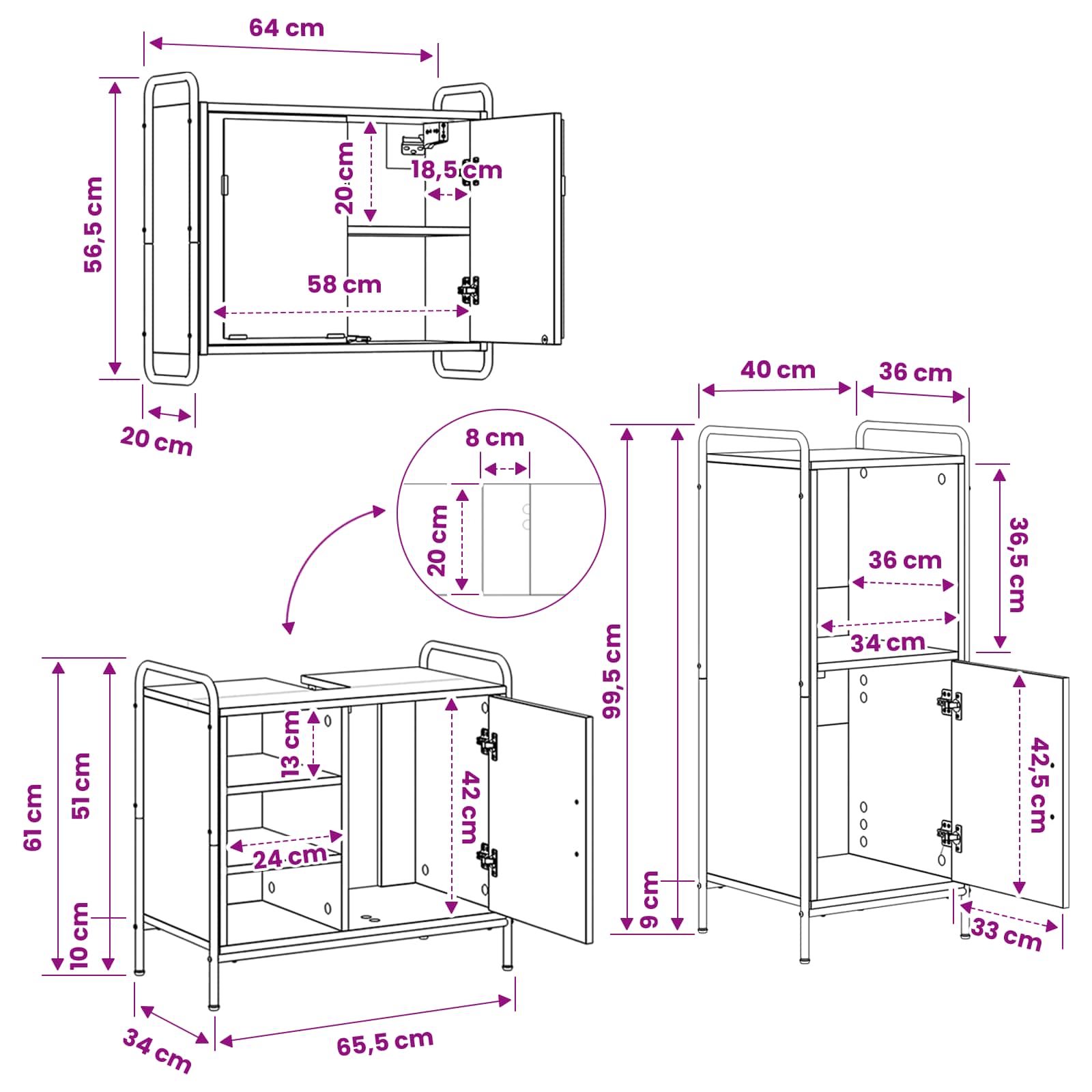 Komplet omaric za kopalnico 3 kos Star les 40 x 36 x 99,5 cm