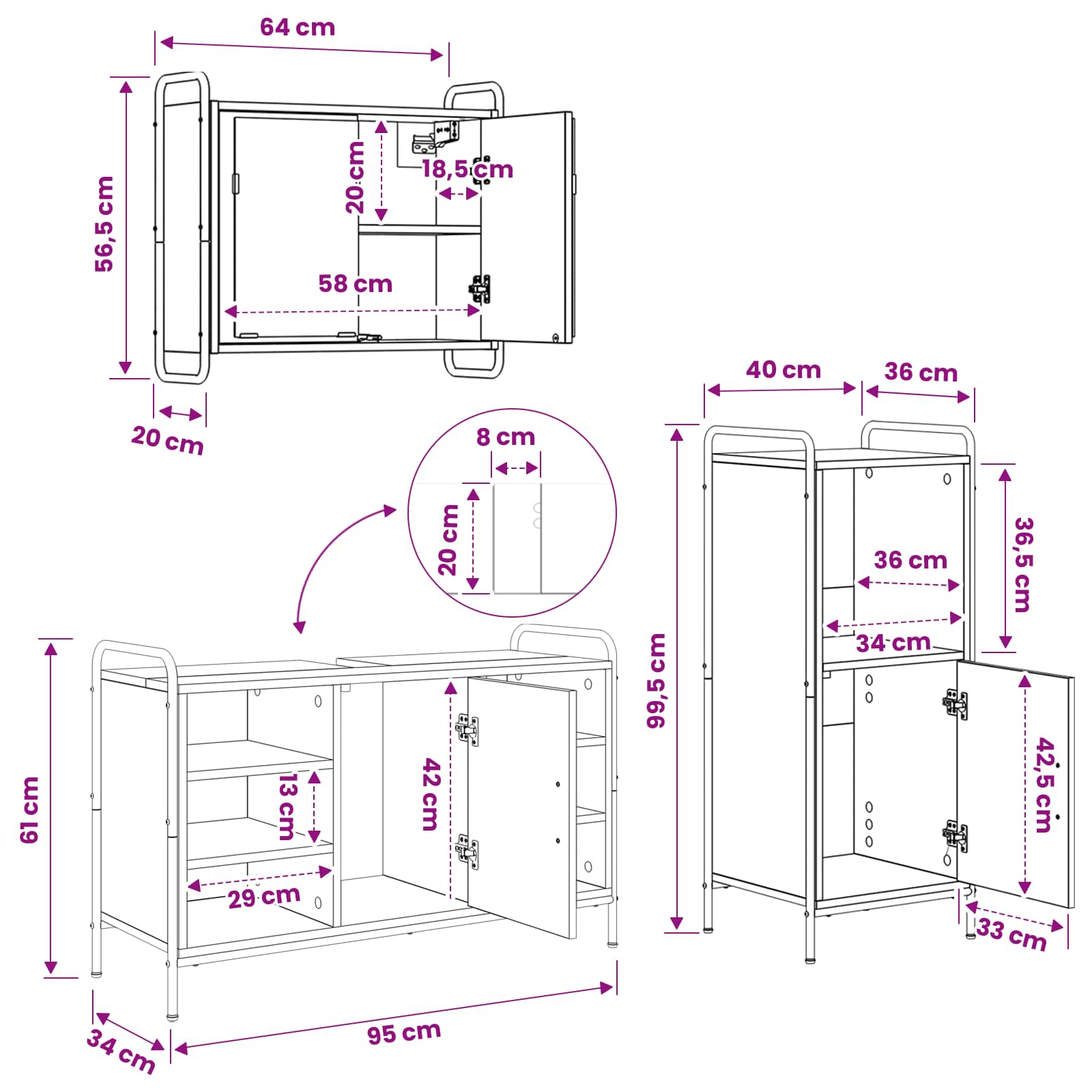 Komplet omaric za kopalnico 3 kos Star les 40 x 36 x 99,5 cm