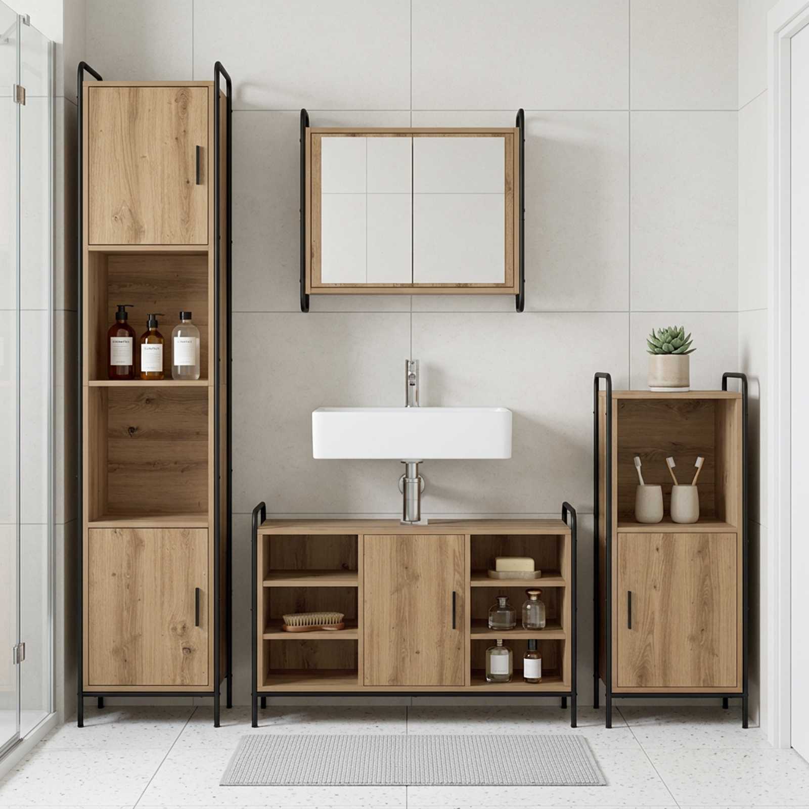 Badkamerkastenset 4 st Artisanaal eiken 40 x 36 x 181 cm