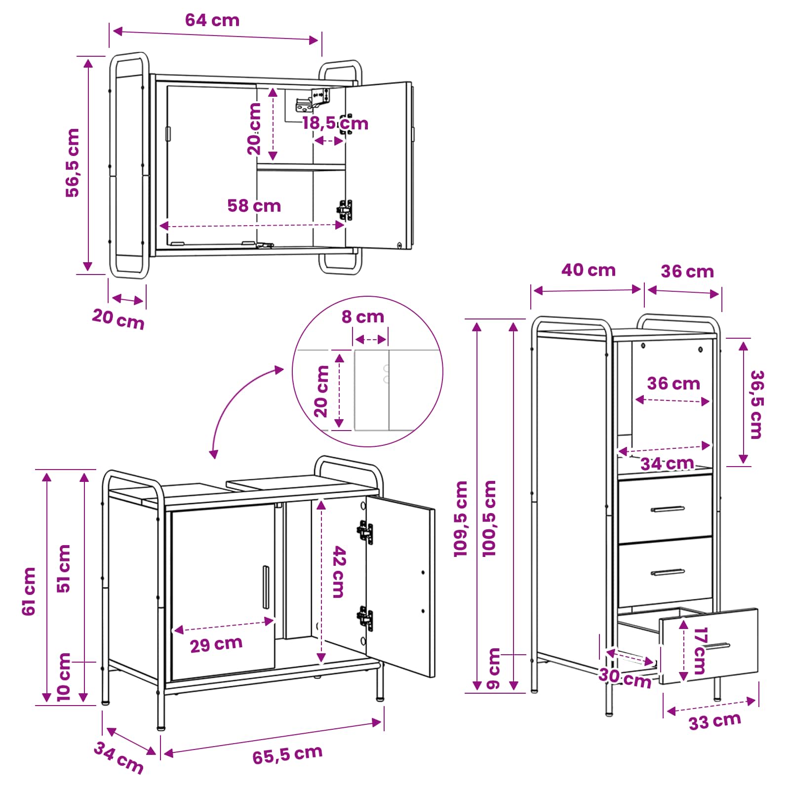 Komplet omaric za kopalnico 3 kos Črni hrast 40 x 36 x 109,5 cm